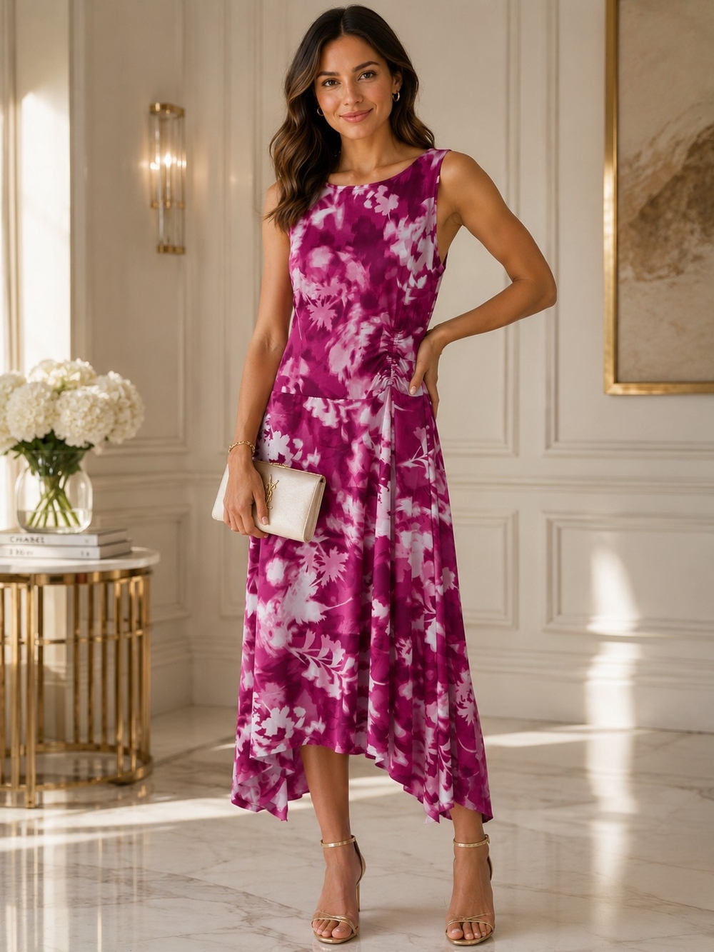 Sleeveless Magenta Floral Asymmetrical Dress